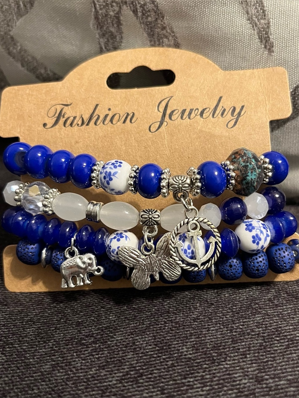 Fashion Jewelry Royal Blue and White Beaded Charm Bracelet Set